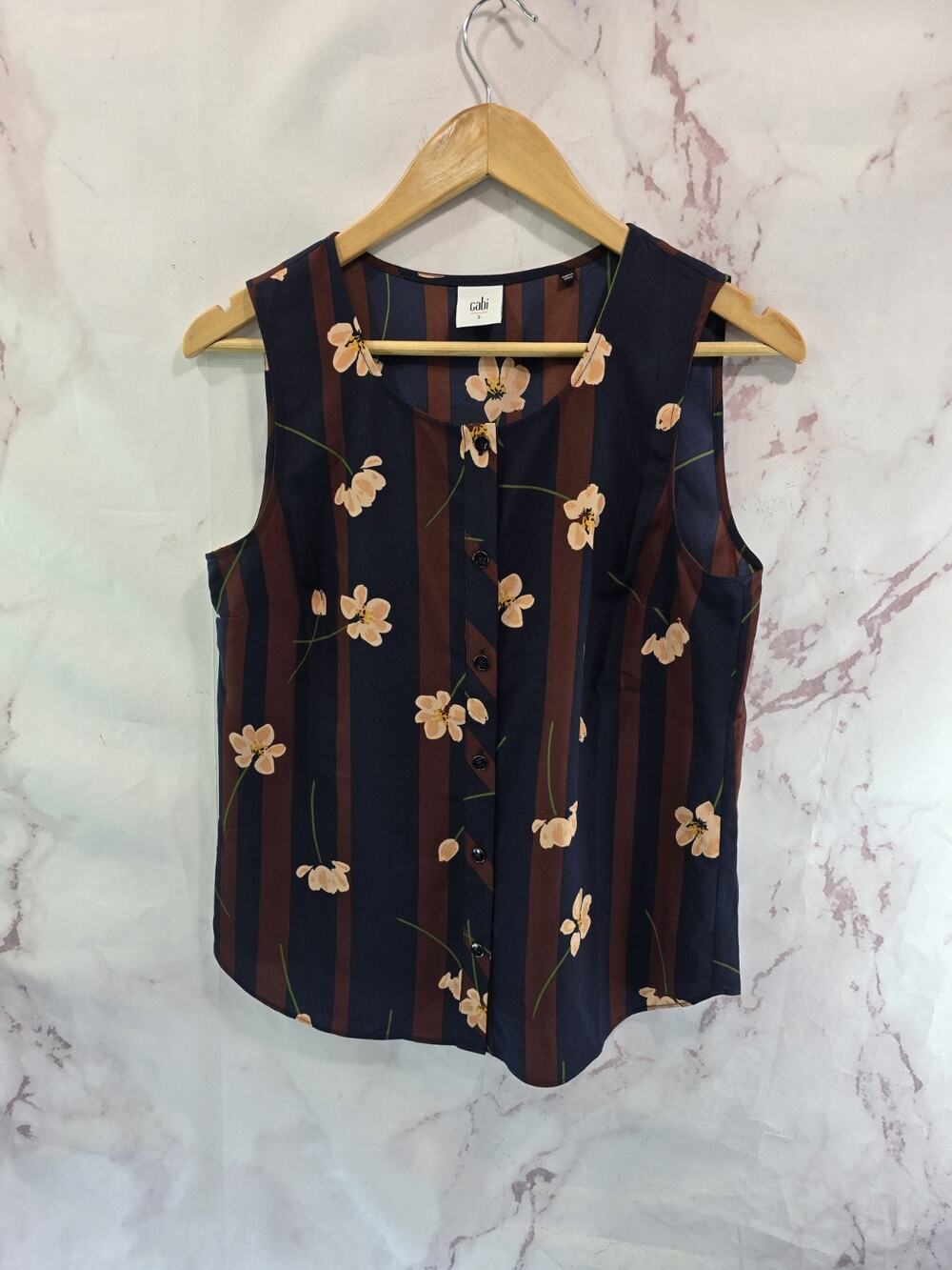 CAbi Tank Top Womens Small Blue Brown Blouse Stripe Floral Button Scroll 3600